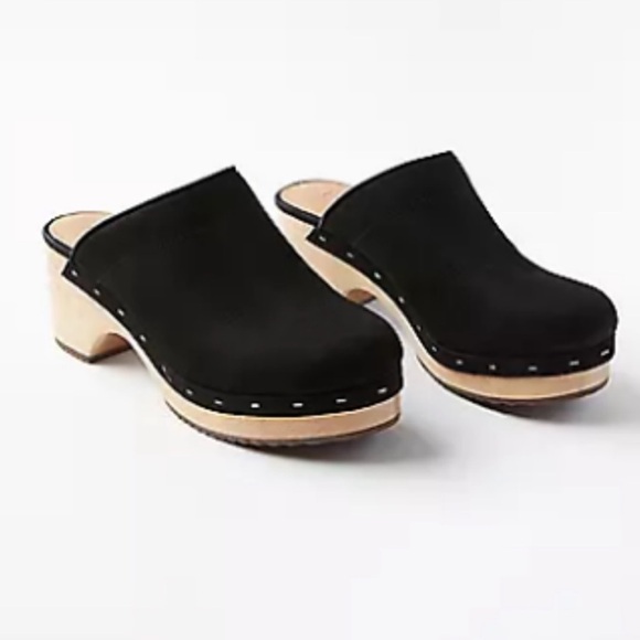 LOFT Shoes - Ann Taylor Loft black suede clogs with a wooden heel and silver studs size 7.5M